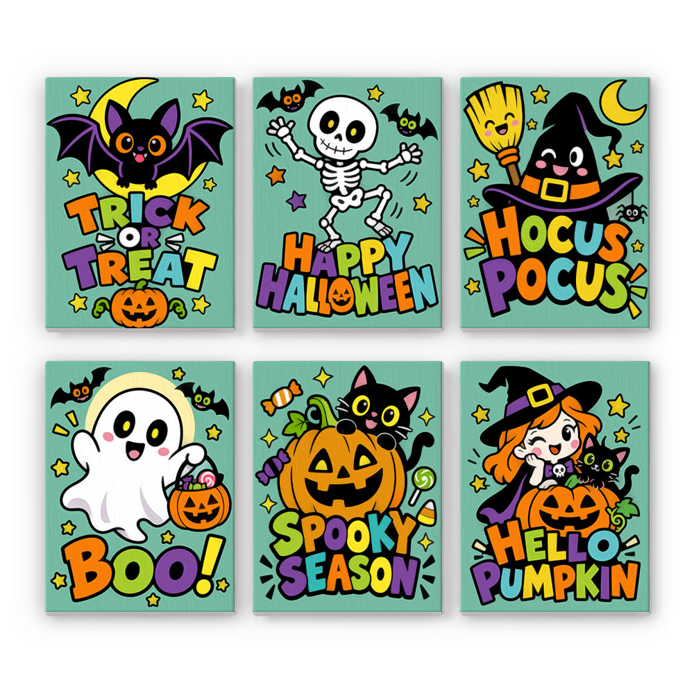 Mint Green Spooky Season Slogans mini paint by numbers – Bubble-lettered Halloween slogans on mint: Trick or Treat bat, Happy Halloween skeleton, Boo ghost, Spooky Season