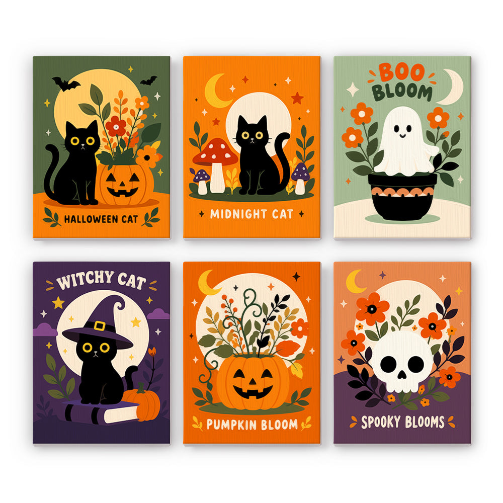 Skull and Pumpkin Spooky Blooms mini paint by numbers – Folk-floral Halloween posters: black cats with flowers and mushrooms, ghost in a pot, pumpkin bouquet, flowered skull