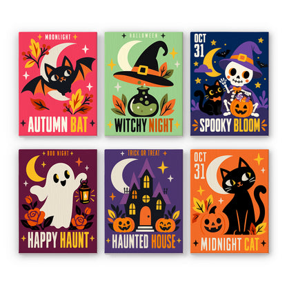 Autumn Bat and Happy Haunt mini paint by numbers – Retro posters: Autumn Bat, Witchy Night, Spooky Bloom skeleton, Happy Haunt ghost, Haunted House, Midnight Cat