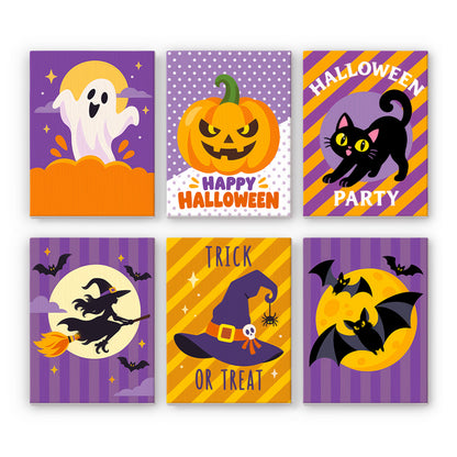 Polka-Dot Pumpkin Party Prints mini paint by numbers – Purple and orange posters: peeking ghost, Happy Halloween pumpkin, party cat, witch on a broom, witch hat, bat