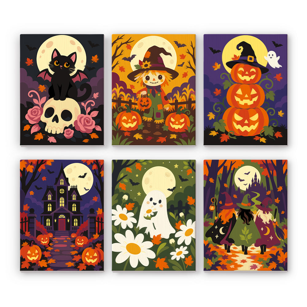 Daisy Ghost and Pumpkin Tower mini paint by numbers – Autumn Halloween scenes: bat-winged cat on a rose skull, scarecrow, stacked pumpkins, haunted manor, ghost in daisies