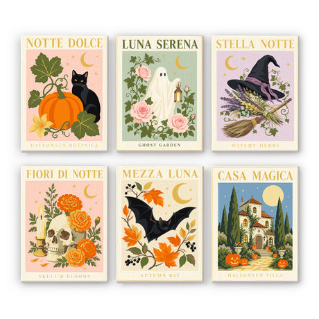 Italian Night Garden Botanicals mini paint by numbers – Vintage botanical posters with Italian titles: pumpkin and cat, ghost garden, witch hat herbs, skull, bat, villa