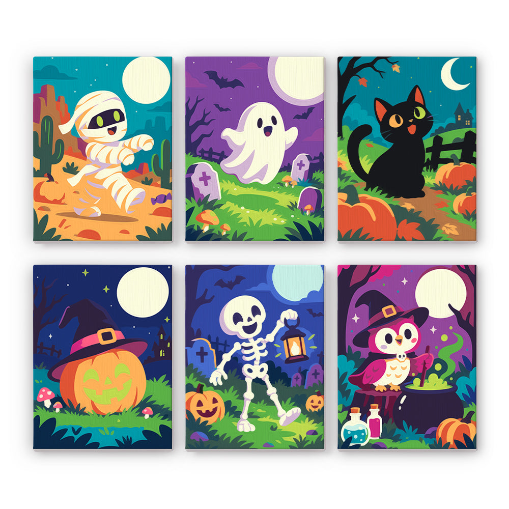 Lantern Skeleton and Desert Mummy mini paint by numbers – Vivid moonlit scenes: mummy among cacti, ghost in a graveyard, black cat, witch-hat pumpkin, lantern skeleton, owl