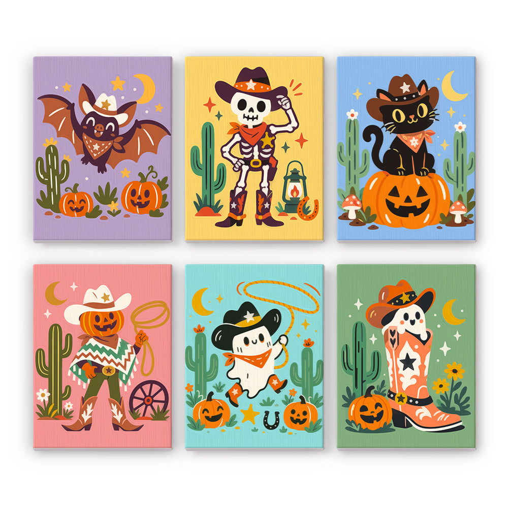Wild West Skeleton Cowboys mini paint by numbers – Western Halloween among cacti: cowboy bat, skeleton cowboy, cat in a cowboy hat, scarecrow, lasso ghost, cowboy boot