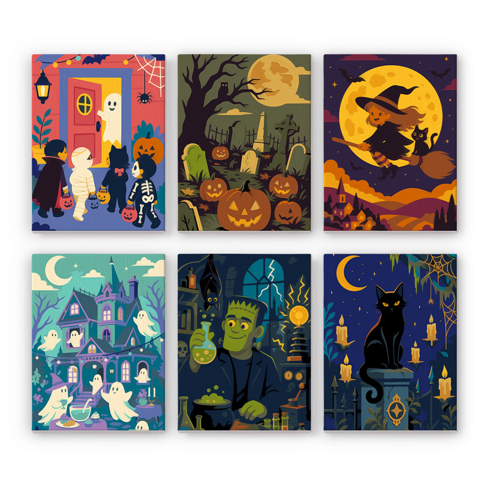 Red Door Trick-or-Treat Night mini paint by numbers – Trick-or-treaters at a red door, graveyard, witch across the moon, ghost manor, lab monster, black cat
