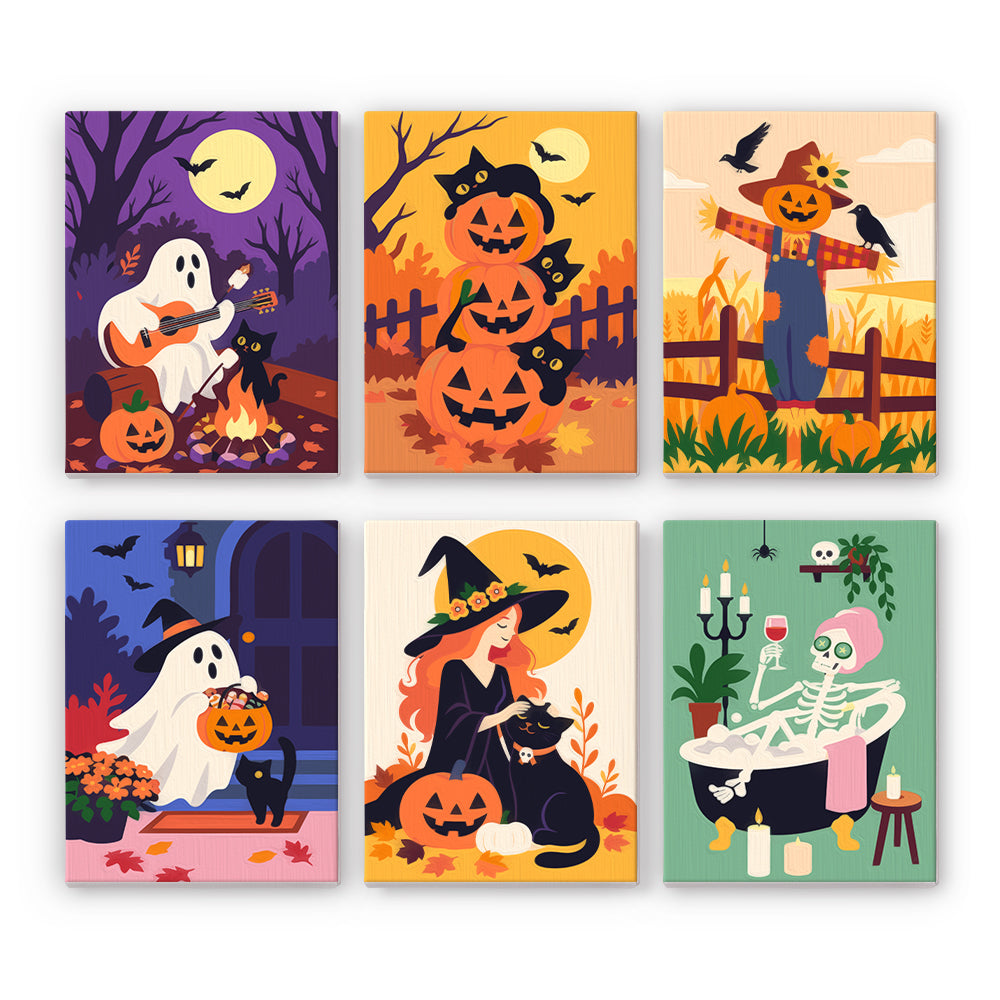Campfire Ghost Guitar Night mini paint by numbers – Autumn gathering: ghost playing guitar by a campfire, cats on pumpkins, scarecrow, ghost at a door, witch, skeleton bath