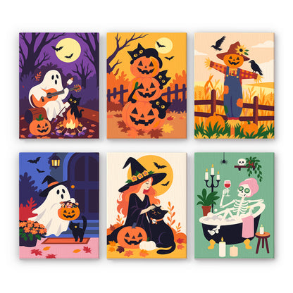 Campfire Ghost Guitar Night mini paint by numbers – Autumn gathering: ghost playing guitar by a campfire, cats on pumpkins, scarecrow, ghost at a door, witch, skeleton bath