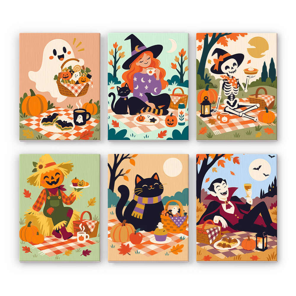 Vampire and Ghost Autumn Picnic mini paint by numbers – Picnics on checkered blankets: ghost, witch with cat, skeleton, pumpkin scarecrow, black cat, vampire