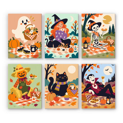 Vampire and Ghost Autumn Picnic mini paint by numbers – Picnics on checkered blankets: ghost, witch with cat, skeleton, pumpkin scarecrow, black cat, vampire