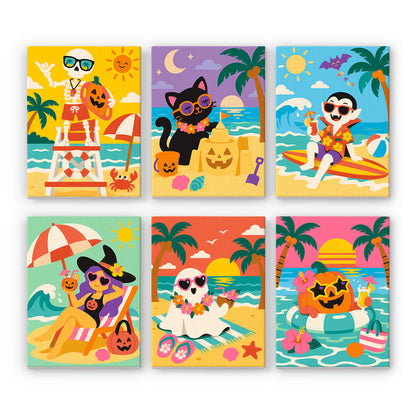 Surfing Vampire Beach Bash mini paint by numbers – Tropical beach: lifeguard skeleton, cat in shades, surfing vampire, sunbathing witch, lei ghost, pumpkin float