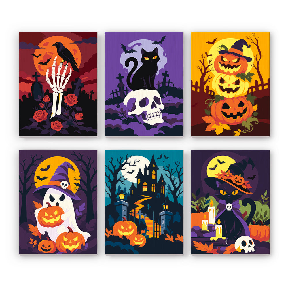 Skeleton Hand and Rose Moon mini paint by numbers – Moody night: skeleton hand in roses, cat on a skull, stacked jack-o'-lanterns, ghost witch, haunted path, candles