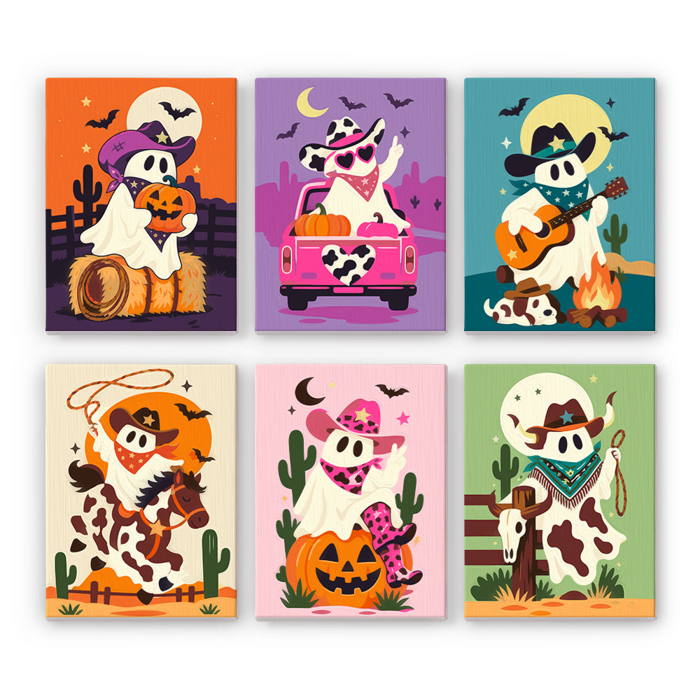 Guitar Ghost and Pink Pickup mini paint by numbers – Cowboy ghosts: on a hay bale, driving a pink cow-print truck, playing guitar by a fire, riding a horse, on a pumpkin