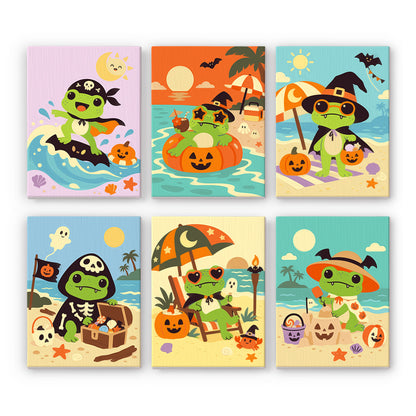 Pirate Frog Beach Holiday mini paint by numbers – Frogs at a Halloween beach: surfing pirate, pumpkin float, witch hat, skeleton suit, deckchair, sand pail