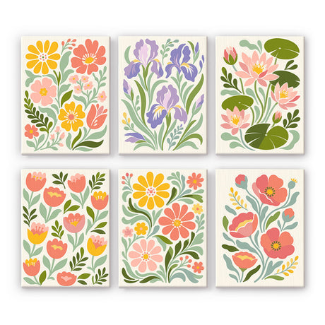 Iris and Water Lily Folk Panels mini paint by numbers – Pastel folk-style florals on cream: daisies, purple irises, water lilies, coral tulips and poppies with sage leaves