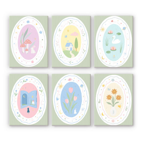 Oval Frame Fairy-Tale Scenes mini paint by numbers – Pastel oval vignettes on sage: toadstools and bunny, cottage, swan on a pond, open door, tulips, orange flowers