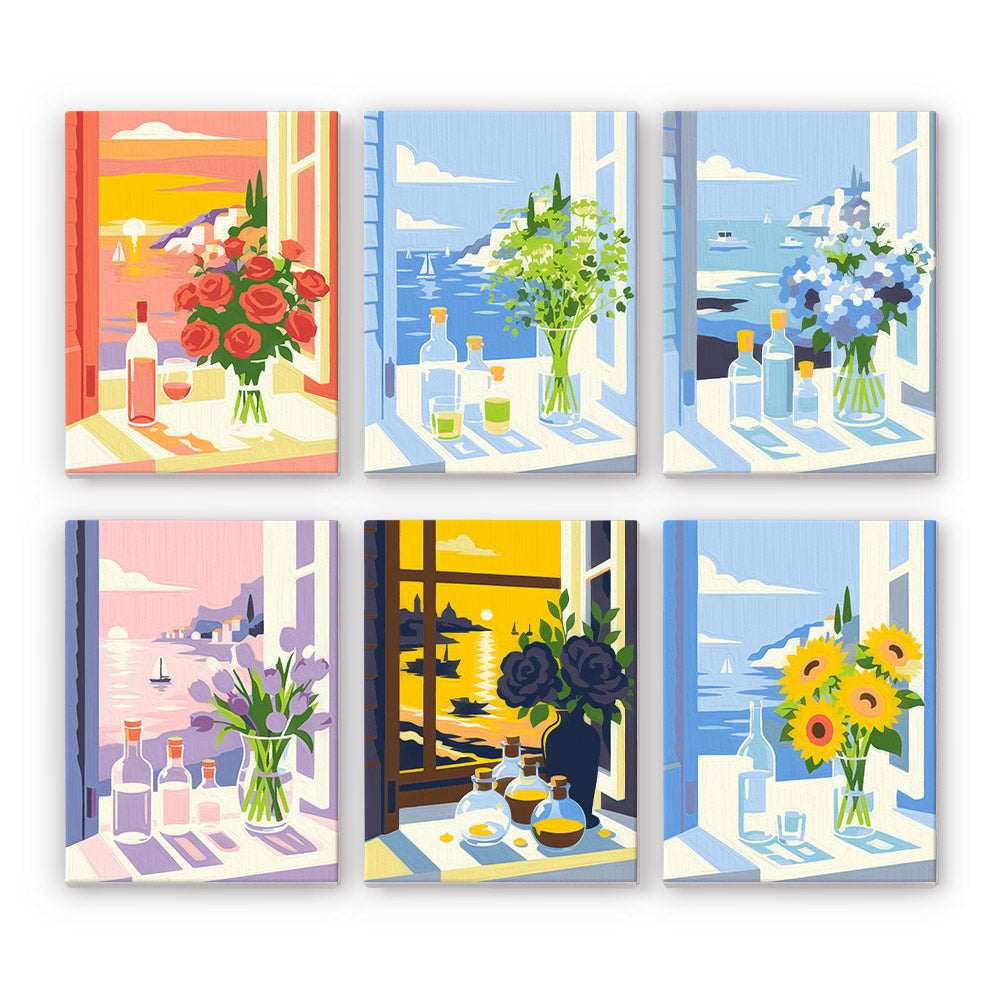 Open Window Sea View Bouquets mini paint by numbers – Vases of roses, hydrangeas, lilacs, dark roses and sunflowers on sunny windowsills overlooking the sea