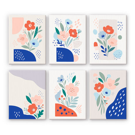 Cobalt Dot Abstract Bouquets mini paint by numbers – Modern abstract florals in coral, pink and pale blue with cobalt blue waves, blobs and dots on soft grey