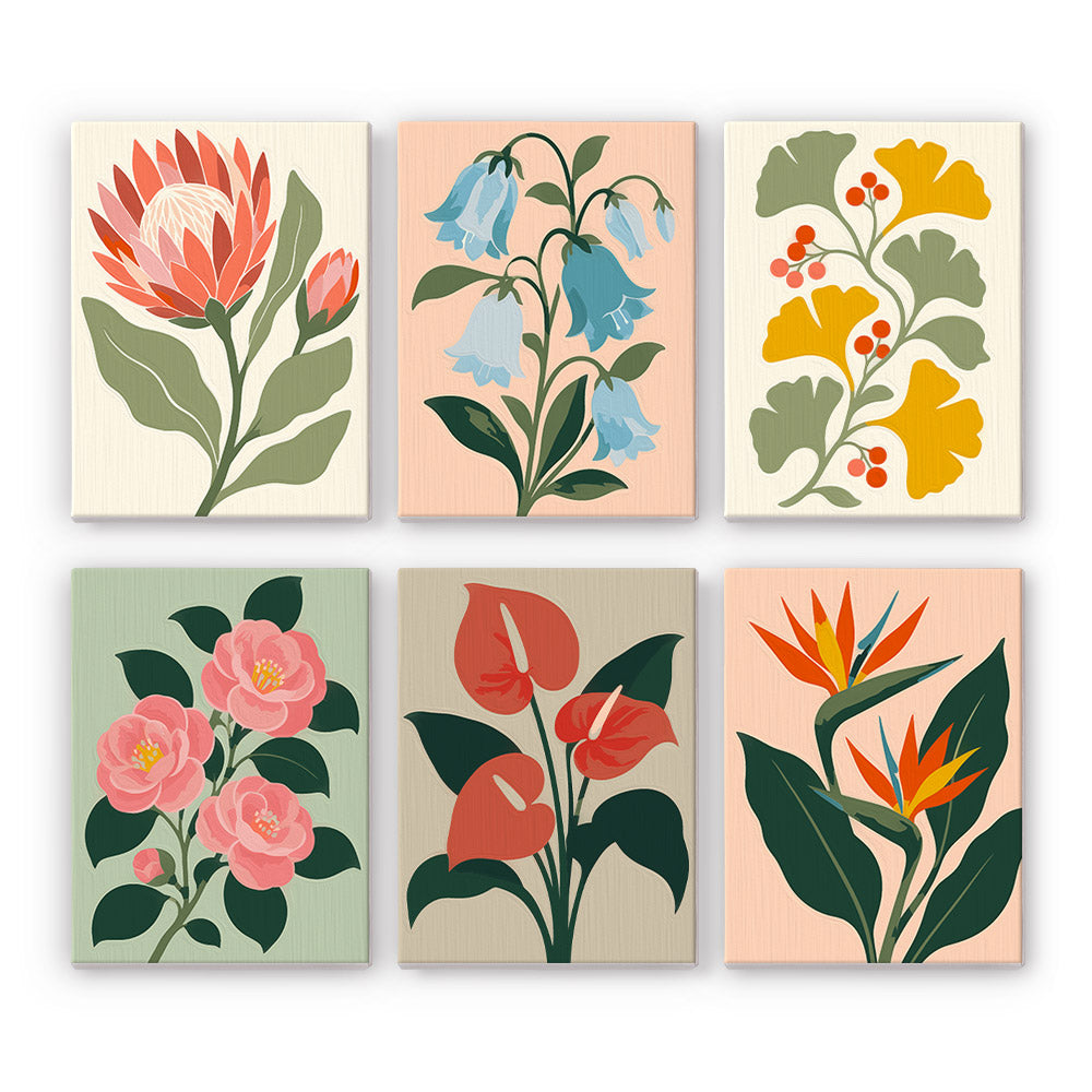 Protea and Bird of Paradise mini paint by numbers – Bold botanical portraits of protea, bluebells, ginkgo, pink camellias, red anthuriums and bird of paradise
