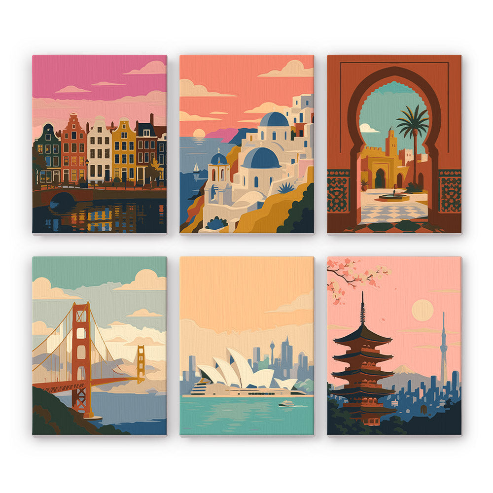 Canal Houses and Harbor Bridges mini paint by numbers – Travel posters: canal houses, white domed island village, Moorish arch, suspension bridge, harbour opera house, pagoda