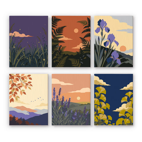 Iris and Lavender Dusk Views mini paint by numbers – Calm botanical landscapes: dusk grasses, ferns at sunset, irises, autumn leaves over hills, lavender field, ginkgo