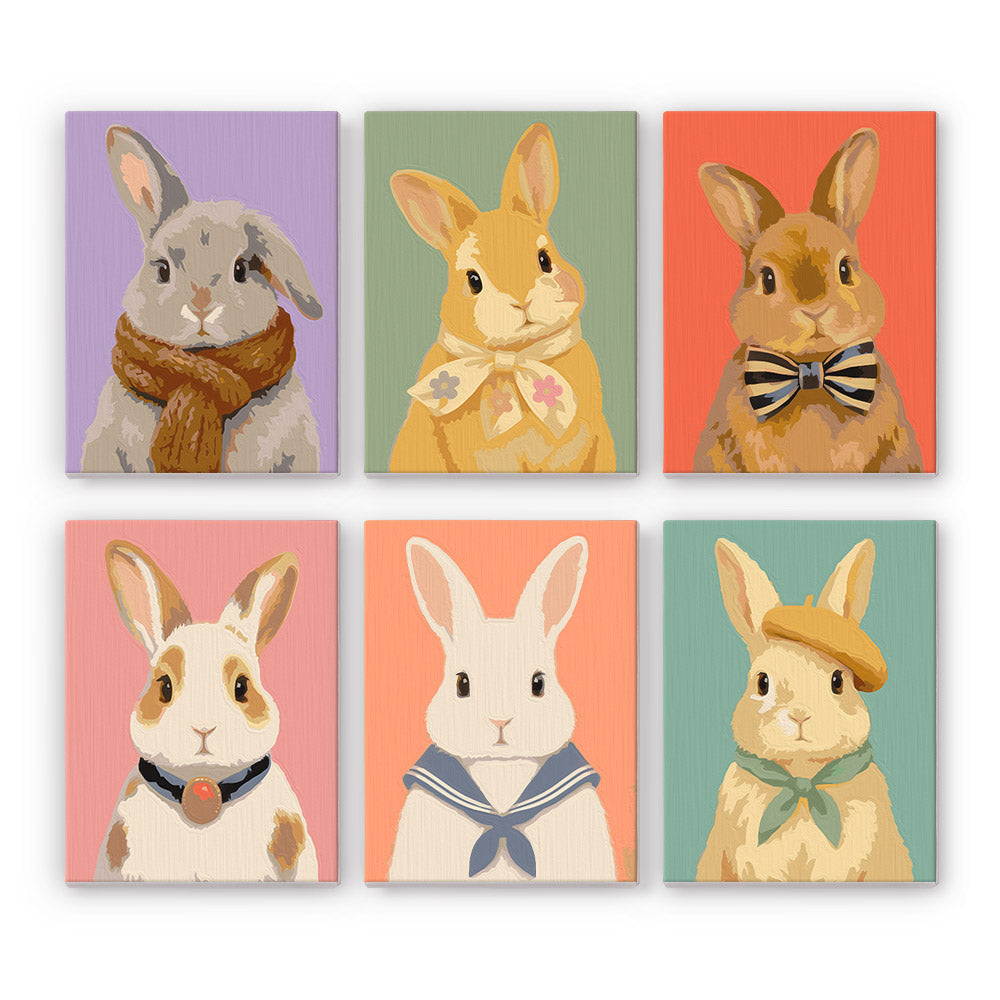 Bow Tie and Beret Bunnies mini paint by numbers – Rabbit portraits in accessories: knitted scarf, floral bandana, striped bow tie, collar, sailor collar and beret