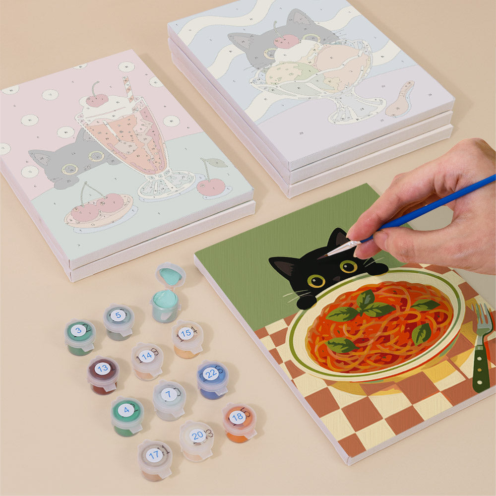 Black Cat Eyeing the Spaghetti mini paint by numbers – image 4