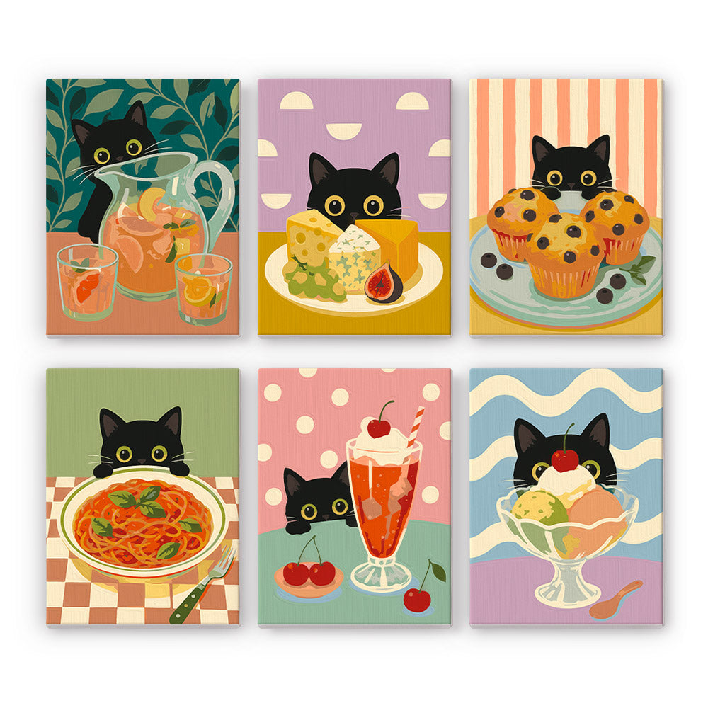 Black Cat Eyeing the Spaghetti mini paint by numbers – Black cat peeking at iced drinks, a cheese plate, muffins, spaghetti, a cherry soda float and an ice cream sundae