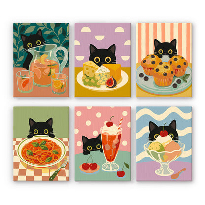 Black Cat Eyeing the Spaghetti mini paint by numbers – Black cat peeking at iced drinks, a cheese plate, muffins, spaghetti, a cherry soda float and an ice cream sundae