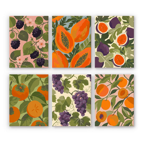 Papaya and Fig Leafy Patterns mini paint by numbers – Lush close-up fruit patterns: blackberries with blossoms, papaya halves, figs, persimmons, grapes and apricots