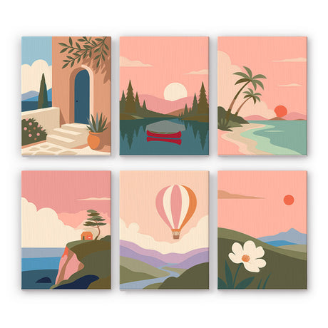 Hot Air Balloon Pastel Escapes mini paint by numbers – Pastel landscapes: white steps and arch, lake with red boat, palm beach, cliff tree, hot-air balloon, white flower