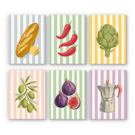 Moka Pot and Artichoke Stripes mini paint by numbers – Kitchen favourites on pastel stripes: baguette and butter, red chillies, artichoke, olives, figs and a moka pot