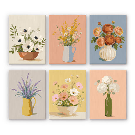 Anemone and Lavender Jugs mini paint by numbers – Soft floral still lifes: anemones in a bowl, yellow wildflowers, ranunculus, lavender in a jug, cosmos, hydrangea