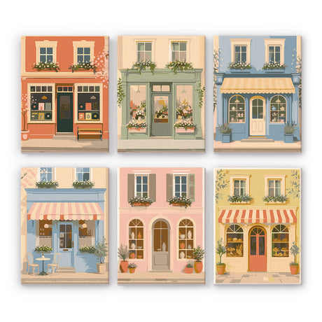Striped Awning Pastel Shopfronts mini paint by numbers – Pastel European shopfronts in coral, sage, blue, pink and yellow with striped awnings and window flower boxes