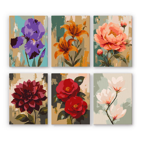 Iris and Peony Brushstroke Blooms mini paint by numbers – Textured brushy portraits of a purple iris, orange lilies, coral peony, deep red dahlia, red camellias and magnolia