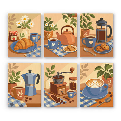 Gingham Table Coffee Mornings mini paint by numbers – Coffee scenes on blue gingham: croissant and jam, teapot, French press, moka pot, coffee grinder and latte art cup