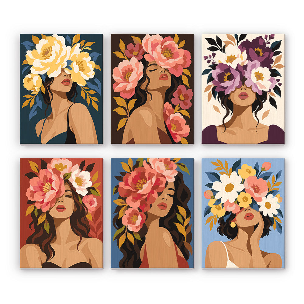 Faces Hidden in Peonies mini paint by numbers – Women whose faces are crowned and veiled by lush roses, peonies, purple blooms and white daisies on bold colours