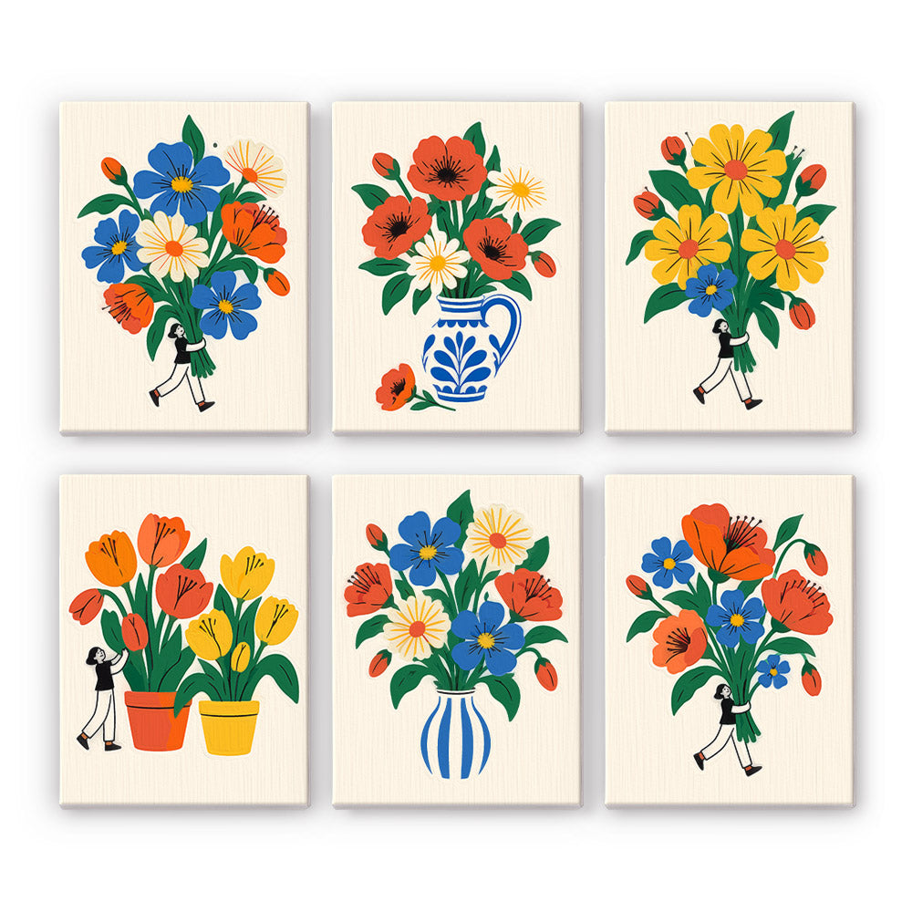 Little People with Big Bouquets mini paint by numbers – Tiny figures carrying huge bouquets of blue, red and yellow flowers, plus tulip pots and a blue-and-white jug