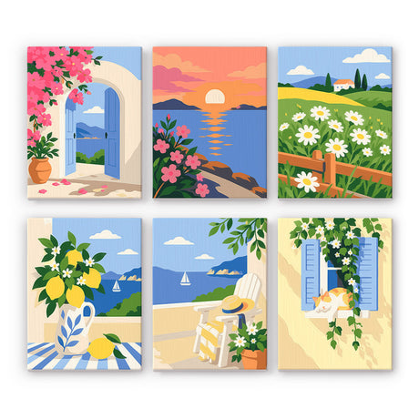 Bougainvillea Arch and Lemon Jug mini paint by numbers – Mediterranean scenes: bougainvillea arch, sea sunset, daisy meadow, lemons by the sea, terrace, shuttered window