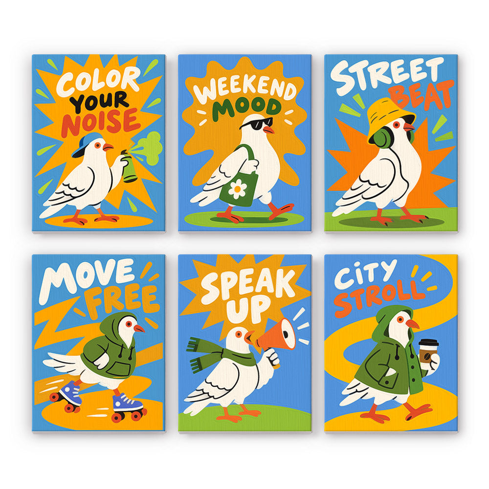 Streetwise Pigeons in Hoodies mini paint by numbers – City pigeons in hoodies, headphones and roller skates with slogans like Weekend Mood, Speak Up and City Stroll