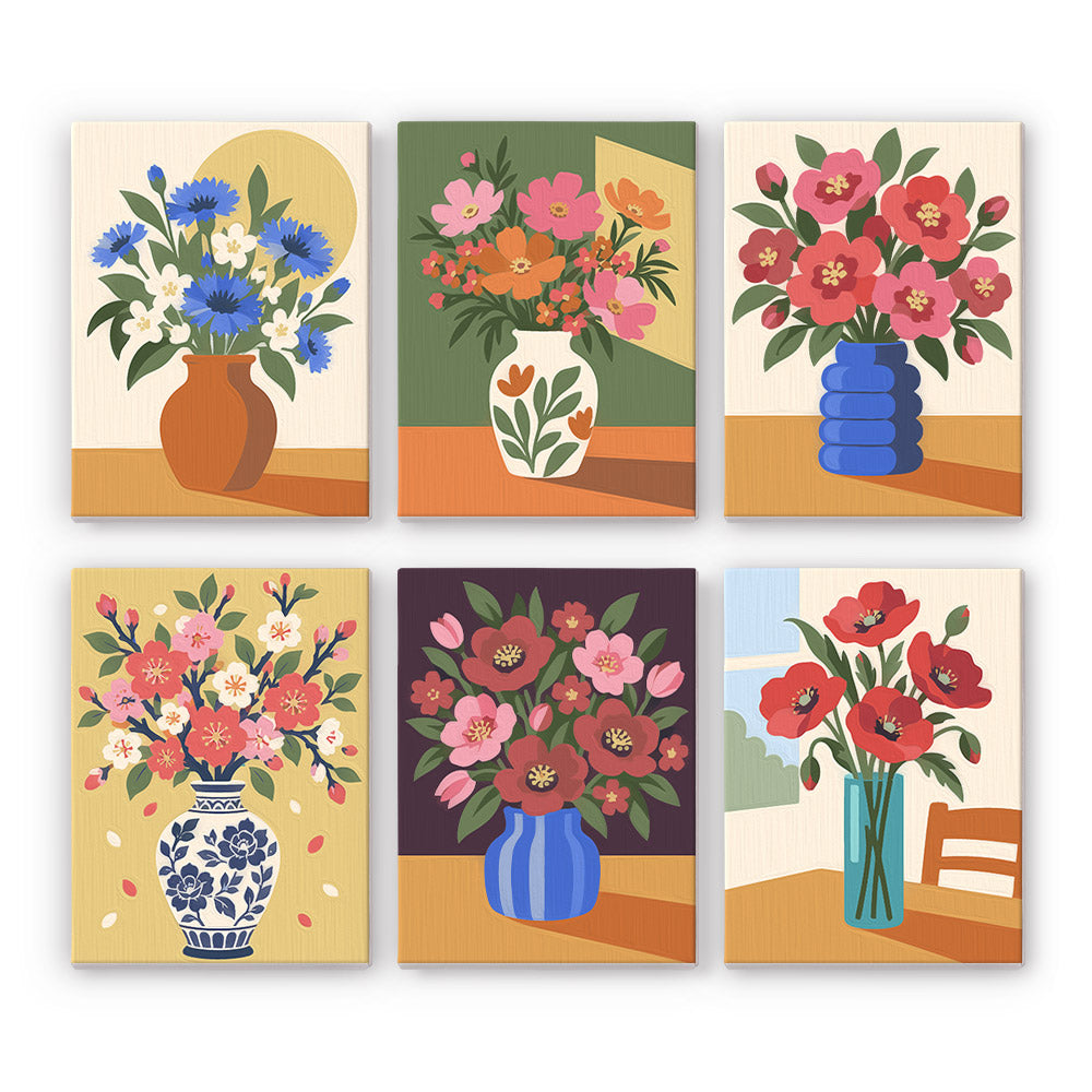 Cornflower and Poppy Vases mini paint by numbers – Colourful bouquets: cornflowers in terracotta, orange blooms, pink flowers in blue vases, a ginger jar, red poppies