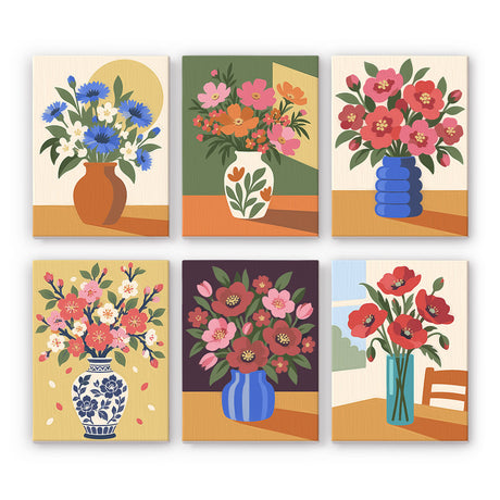 Cornflower and Poppy Vases mini paint by numbers – Colourful bouquets: cornflowers in terracotta, orange blooms, pink flowers in blue vases, a ginger jar, red poppies