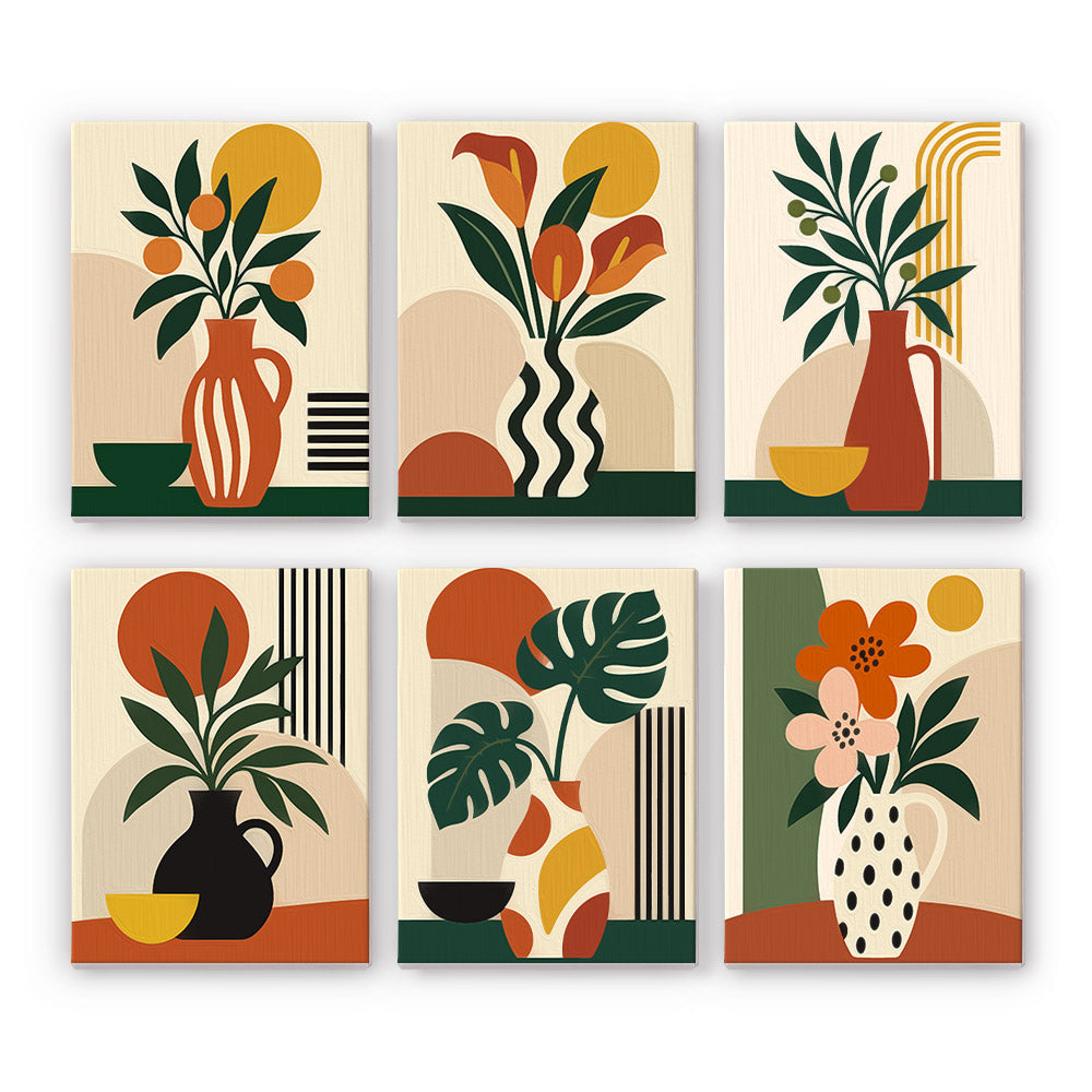 Striped Vase Calla and Monstera mini paint by numbers – Earthy abstract botanicals: striped and spotted vases with branches, calla lilies and monstera against suns and arches