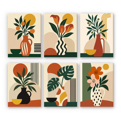 Striped Vase Calla and Monstera mini paint by numbers – Earthy abstract botanicals: striped and spotted vases with branches, calla lilies and monstera against suns and arches