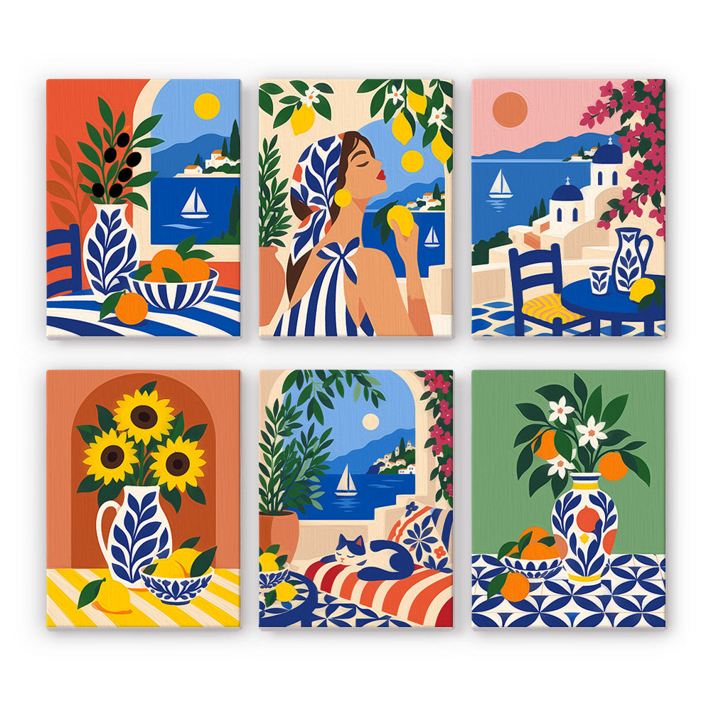Cobalt Tiles and Sunflower Harbor mini paint by numbers – Blue and white Mediterranean life: oranges by the sea, woman among lemons, white domes, sunflowers, cat on a lounger