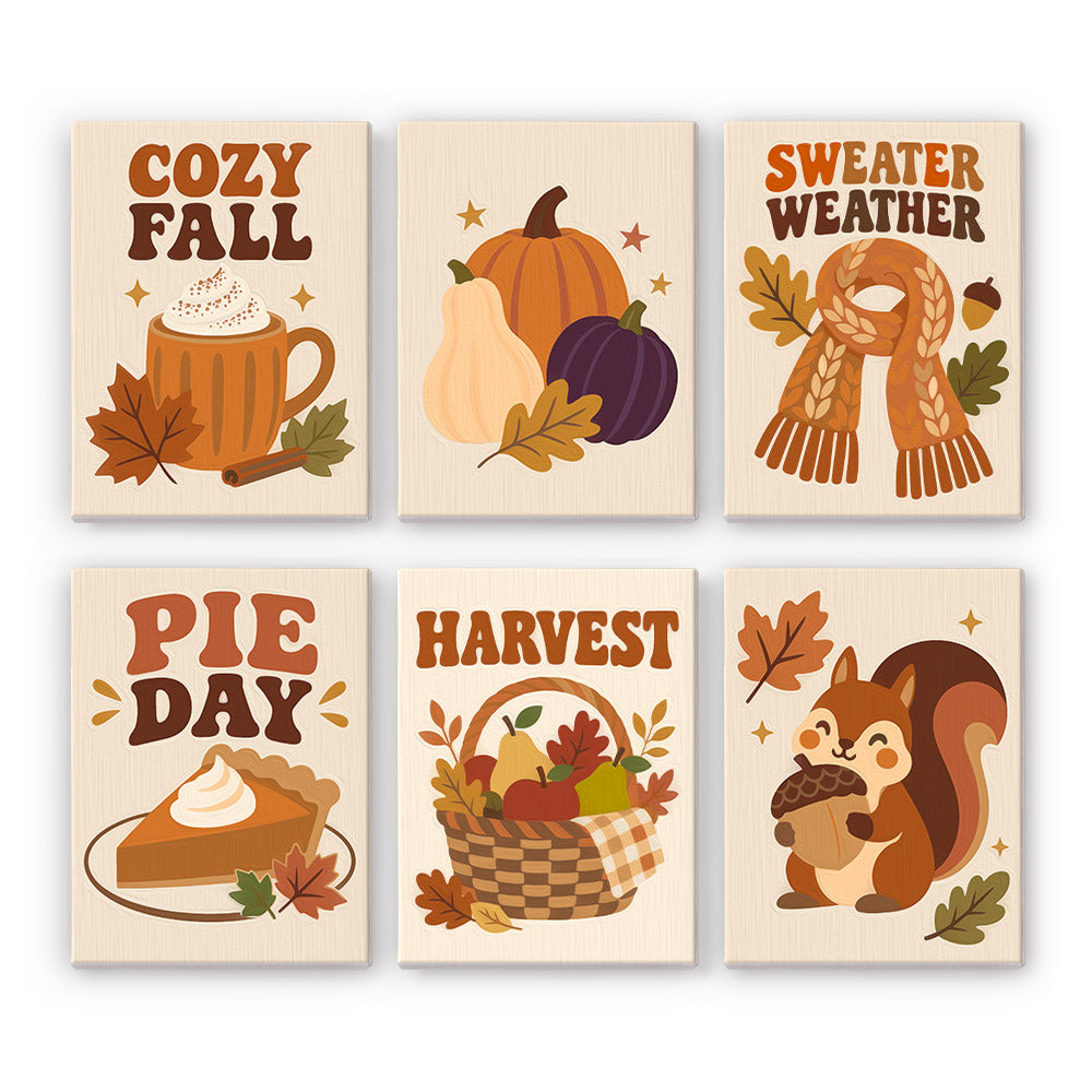 Sweater Weather and Pie Day mini paint by numbers – Cozy autumn prints: Cozy Fall latte, pumpkins, Sweater Weather scarf, Pie Day pumpkin pie, harvest basket, squirrel