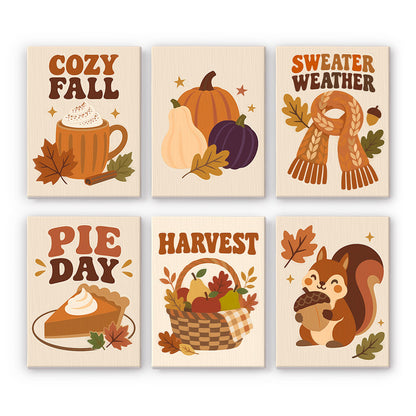 Sweater Weather and Pie Day mini paint by numbers – Cozy autumn prints: Cozy Fall latte, pumpkins, Sweater Weather scarf, Pie Day pumpkin pie, harvest basket, squirrel