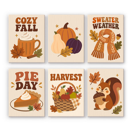 Sweater Weather and Pie Day mini paint by numbers – Cozy autumn prints: Cozy Fall latte, pumpkins, Sweater Weather scarf, Pie Day pumpkin pie, harvest basket, squirrel