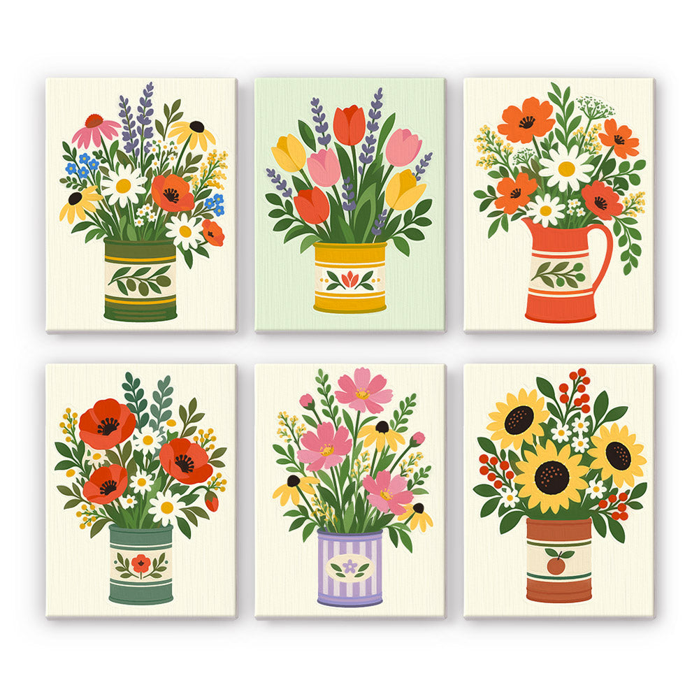 Painted Tin Wildflower Bouquets mini paint by numbers – Wildflower bouquets of lavender, tulips, poppies, cosmos and sunflowers in folk-painted tins and jugs on cream