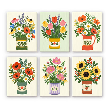 Painted Tin Wildflower Bouquets mini paint by numbers – Wildflower bouquets of lavender, tulips, poppies, cosmos and sunflowers in folk-painted tins and jugs on cream