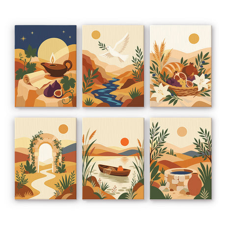 Dove and Oil Lamp Golden Hills mini paint by numbers – Warm earthy hills with an oil lamp and figs, white dove over a river, bread basket, stone arch, boat and well